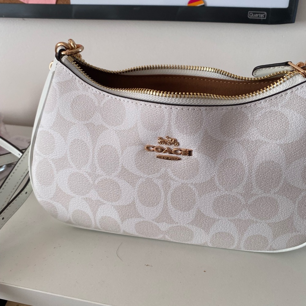 Coach White and Tan Signature Shoulder Bag